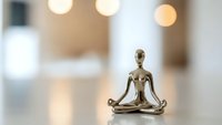 Golden metal figurine in lotus meditation pose on white surface with warm bokeh lights creating peaceful zen atmosphere for mindfulness and wellness concepts.