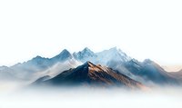 Majestic mountain peaks rising above misty clouds at sunrise, snow-capped summits glowing with warm light against cool blue tones, creating dramatic alpine landscape.