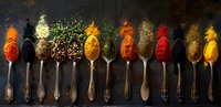 Colorful spices and seasonings arranged in vintage silver spoons on dark background, panoramic food composition for cooking and culinary design.
