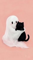 Friendly ghost hugging black cat on pink background, cute supernatural illustration with kawaii characters for Halloween decor and greeting cards.