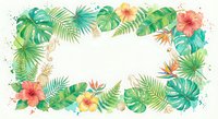 Watercolor tropical frame with exotic flowers, palm leaves, parrots, and seahorses on white background, isolated for design use.