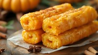 Crispy churros with sugar coating stacked on parchment paper, served with cinnamon sticks and star anise on rustic wooden table, autumn pumpkin decor.