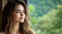 Young woman with long wavy brown hair and fair complexion gazing thoughtfully out window with blurred green nature background, contemplative portrait for lifestyle and wellness content.
