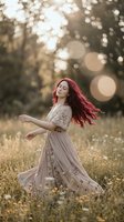 Young woman with red hair dancing freely in golden meadow at sunset with dreamy bokeh lights creating magical atmosphere for wellness and joy concepts.