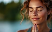 Young Caucasian woman with closed eyes and gentle smile meditating outdoors near water, expressing serenity and mindfulness through prayer pose at sunset.