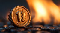 Vintage bronze number thirteen button on dark textured surface with warm glowing bokeh background creates mysterious atmospheric composition.