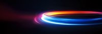 Glowing neon light trails forming circular motion path against dark background, vibrant blue and orange colors create futuristic abstract effect.