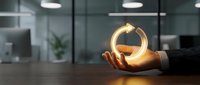 Hand holding glowing circular arrow symbol representing business cycle, growth, and renewable energy concepts for corporate sustainability and innovation projects.