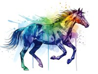 Vibrant watercolor horse in motion with rainbow splashes and paint drips on white background, isolated for creative design projects.