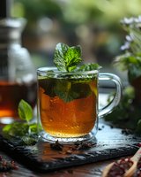 Fresh mint tea in glass cup with green leaves on dark stone board, steam rising, moody atmosphere with natural lighting and condensation droplets.