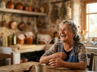 Senior woman with gray hair and fair complexion, wearing a blue apron over a patterned shirt, smiling warmly while seated at a wooden table in a rustic kitchen with shelves and pottery.