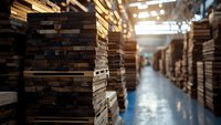Industrial lumber warehouse with stacked wooden planks and boards in organized rows. Construction materials storage facility for building projects.