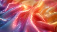 Luminous abstract background with flowing silk fabric texture in pink, orange and blue colors with sparkle effect and smooth gradient transitions.