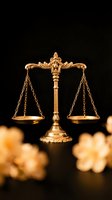 Golden scales of justice on dark background with warm bokeh lights symbolizing legal system fairness and judicial balance for law firm branding.