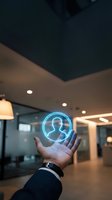 Hand holding glowing neon user profile icon in modern office space for digital identity, networking, and business technology concepts.