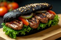 Grilled meat patties in black sesame bun with fresh lettuce, tomatoes and onion rings on wooden board. Dark food photography with selective focus.