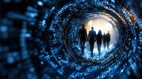 Digital tunnel with silhouettes of walking people surrounded by glowing binary code pattern in blue tones, representing technology and future business concepts.