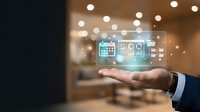 Businessman hand presenting holographic digital interface with data analytics charts and graphs in modern office environment for business technology.