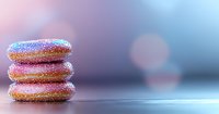 Stack of pink macarons with rainbow glitter sprinkles on reflective surface against dreamy bokeh background in soft pastel colors. Food photography concept.