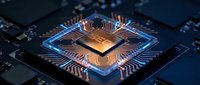 Advanced microprocessor chip with glowing circuits on dark motherboard showcasing cutting-edge semiconductor technology for electronics and computing applications.