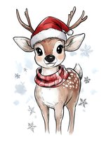 Cute baby deer wearing Santa hat and striped scarf surrounded by falling snowflakes, drawn in soft watercolor style on white background, ready for holiday designs.