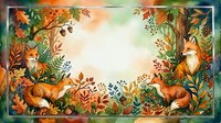 Watercolor autumn forest frame with foxes, colorful fall foliage, acorns, and wildflowers, forming a decorative border with copy space.