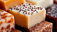 Assorted gourmet fudge squares with chocolate sprinkles and nuts, showcasing different flavors and textures for dessert or confectionery display.