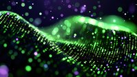 Glowing green and purple particles form dynamic wave pattern against dark background with bokeh light effects and digital matrix-like texture.