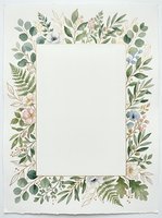 Botanical frame with hand-drawn foliage, ferns, and delicate flowers in soft pastels surrounding blank white center space. Isolated design element ready for invitations, greeting cards, and stationery projects.