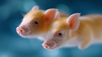 Two adorable pink piglets with soft ginger fur close up portrait on blurred blue background, showing curious expressions and delicate features.
