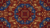 Ornate mandala seamless pattern with intricate floral motifs in rich burgundy, gold and blue colors for textile design, wallpaper and decorative backgrounds.