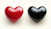 Two glossy heart shapes with water droplets on white background. Red and black romantic symbols for love themes, Valentine's Day designs, greeting cards.