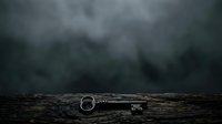 Rusty metal wrench lying on weathered wood surface against dark stormy sky backdrop, suitable for industrial, construction, and labor-themed projects.