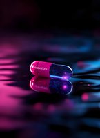Medical capsule pill glowing in neon pink and blue colors with reflection on dark surface, dramatic lighting and futuristic atmosphere for pharmaceutical concept.