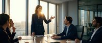 Professional businesswoman presenting to male colleagues in modern conference room with city view during corporate meeting.