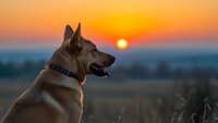 Husky dog with collar sitting outdoors during golden hour sunset, warm orange sky background, peaceful canine portrait for pet and animal themed designs.