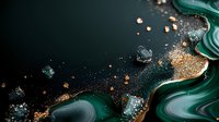 Luxurious dark green agate crystal texture with gold glitter and metallic particles on black background, abstract mineral pattern with flowing curves.