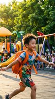 Happy Asian boy with orange backpack running at colorful playground during sunny day with children playing in background for back to school concepts.