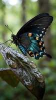Black swallowtail butterfly with turquoise and orange spotted wings resting on a textured branch against a soft green blurred forest background for nature and wildlife projects.