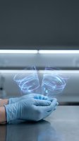Scientist in blue latex gloves holding glowing digital petri dishes with holographic data visualization in modern laboratory setting.