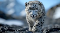 Snow leopard prowling on rocky terrain against blurred winter background, fierce predator with intense blue eyes and spotted fur displaying hunting behavior.
