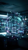 Futuristic digital clock display showing 03:41 PM surrounded by glowing network connections and data particles in cyberpunk style for tech presentations.