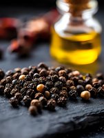 Black peppercorns scattered on dark stone surface with glass bottle of olive oil in background, macro food photography for culinary and cooking concepts.