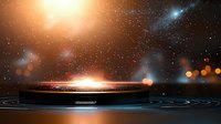 Futuristic circular platform with glowing lights against cosmic background featuring stars, nebulas and lens flares in orange and blue tones.