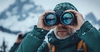 Senior male adventurer with gray beard looking through binoculars in snowy mountain landscape, wearing winter gear. Mountain reflection visible in binocular lenses.