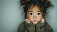 Adorable Asian toddler girl in cozy knit sweater with hands on cheeks, messy hair buns, innocent expression for family lifestyle content.