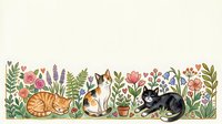 Three adorable cats resting peacefully among colorful wildflowers and botanical elements on cream background for home decor and pet lover designs.