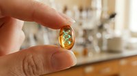 Hand holding transparent omega-3 fish oil capsule with golden liquid in modern kitchen setting for health and wellness supplement concept.