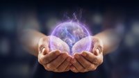 Hands holding glowing purple energy sphere with lightning effects, representing power, innovation, and technology for business concepts and digital transformation projects.