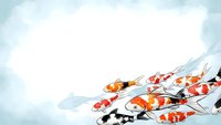 Colorful koi fish swimming in clear water with cloudy sky background for zen meditation and tranquil nature designs.